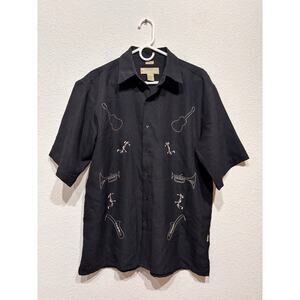 Vintage Cabana Cuba Shirt Embroidered Guitar Horn Large Black